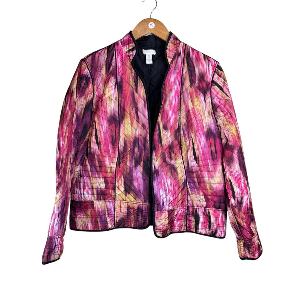 Chico's Sz 2 Pink Watercolor Lightweight Quilted Collarless Open Layering Jacket - Picture 8 of 12